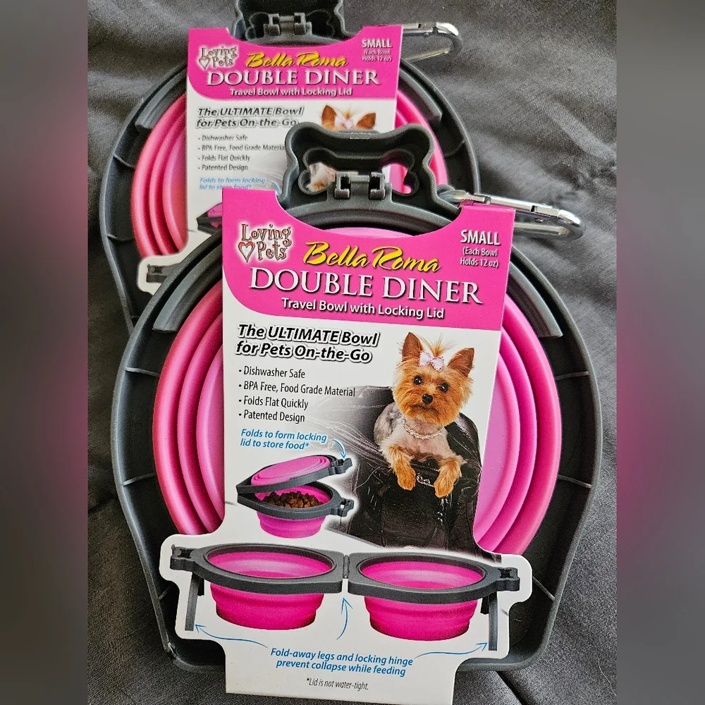 Dog Travel Bowl PINK Loving Pets Double Diner Locking Lid set of 2 hiking